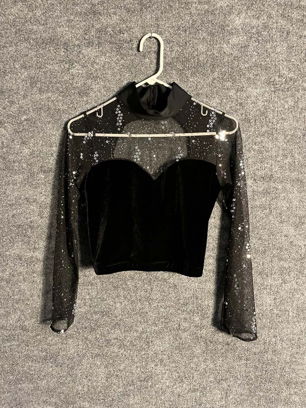 Black Sequin Mesh Velvet Crop Top Mock Neck Long Sleeve S 003-153